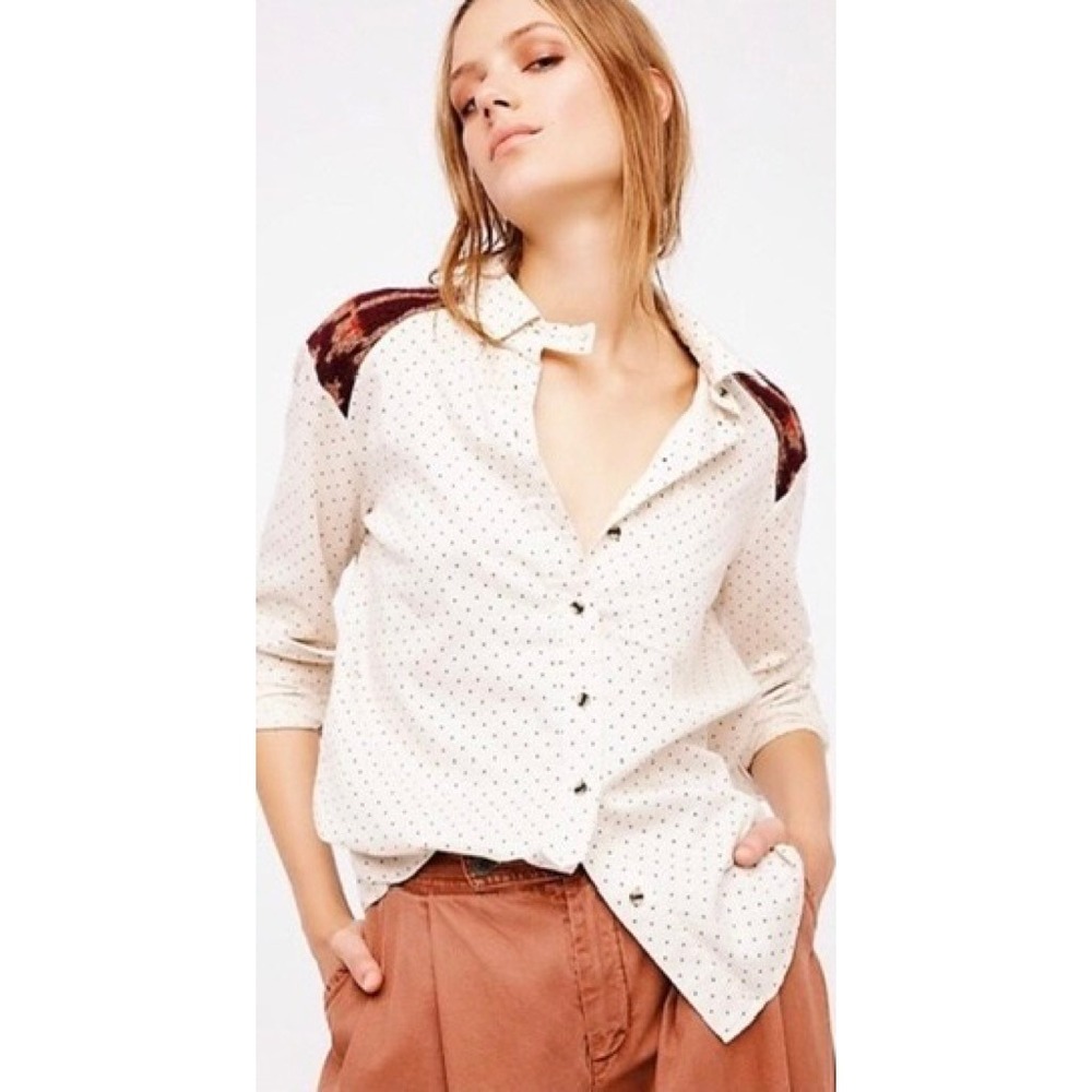 FREE PEOPLE Mixed Media Sage Buttondown Shirt Wool Western Polka Dot Medium